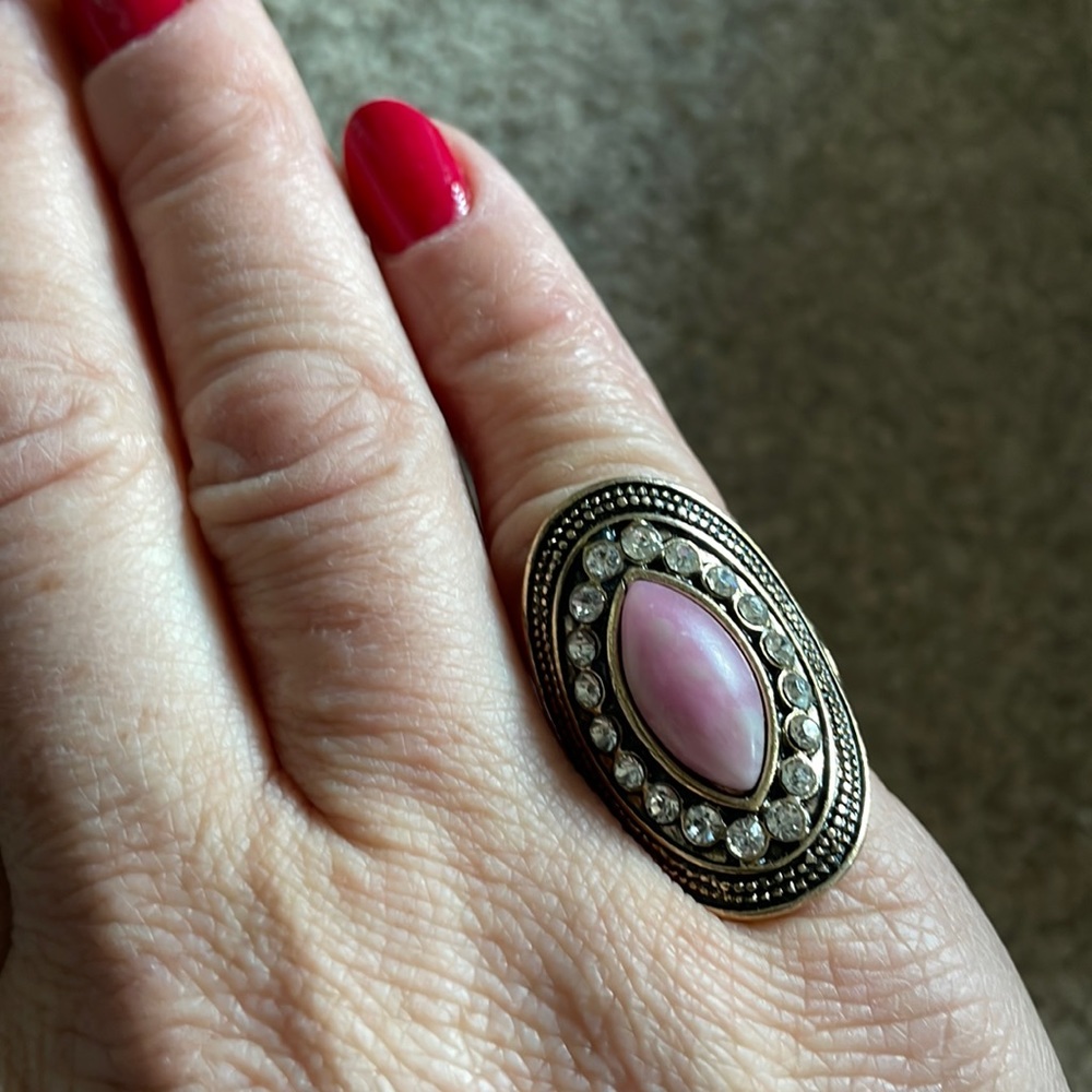 Pink Marquis Cut and Rhinestone Gold Oval Ring